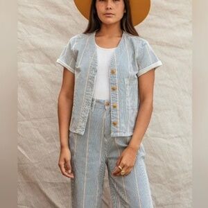 Imperfects Benny Jersey Cropped Top In Olah Twill Striped Minimalist Coastal M
